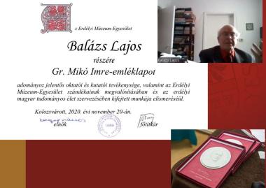 Balázs Lajost néprajzkutatót, egyetemi docenst Gr. Mikó Imre-emléklappal tüntették ki