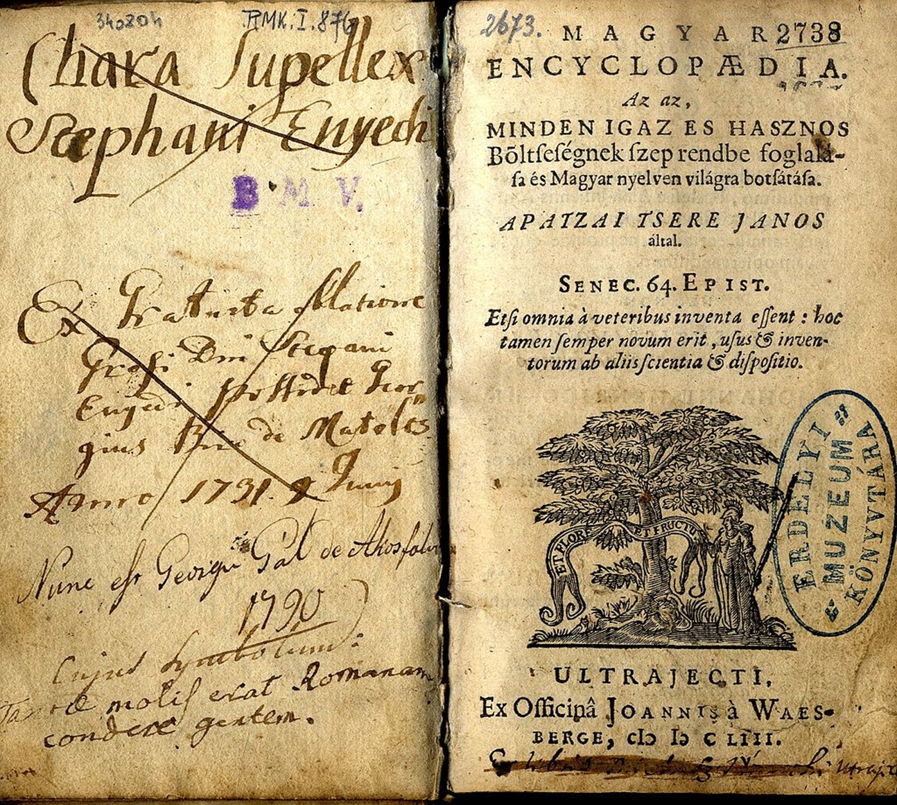 A Magyar Encyclopaedia (Utrecht, 1653) első kiadása (az egykori Erdélyi Múzeum könyvtárából)