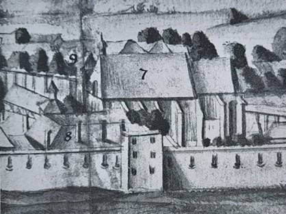 A kolozsvári református templom (7.) és kollégium (8.). Részlet Kolozsvár 1734. évi látképéből. (Kép: Herepei János: Scholabeli állapotok Apáczai Csere János Kolozsvárra jövetele előtt, képmelléklet.)