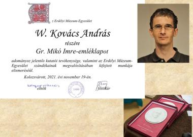 W. Kovács András tudományos kutatót Gr. Mikó Imre-emléklappal tüntették ki
