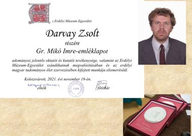 Darvay Zsolt matematikust Gr. Mikó Imre-emléklappal tüntették ki