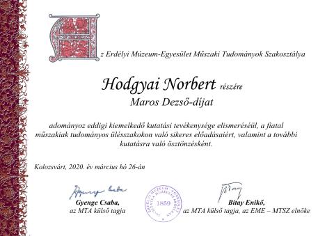 Hodgyai Norbert kiemelkedő kutatási tevékenységeiért Maros Dezső-díjban részesült