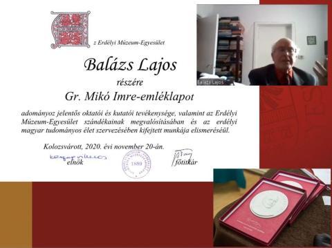 Balázs Lajost néprajzkutatót, egyetemi docenst Gr. Mikó Imre-emléklappal tüntették ki