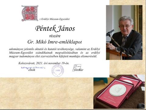 Péntek János nyelvészt és néprajzkutatót, akadémikust Gr. Mikó Imre-emléklappal tüntették ki