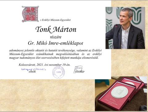 Tonk Márton egyetemi tanárt, a Sapientia EMTE rektorát Gr. Mikó Imre-emléklappal tüntették ki